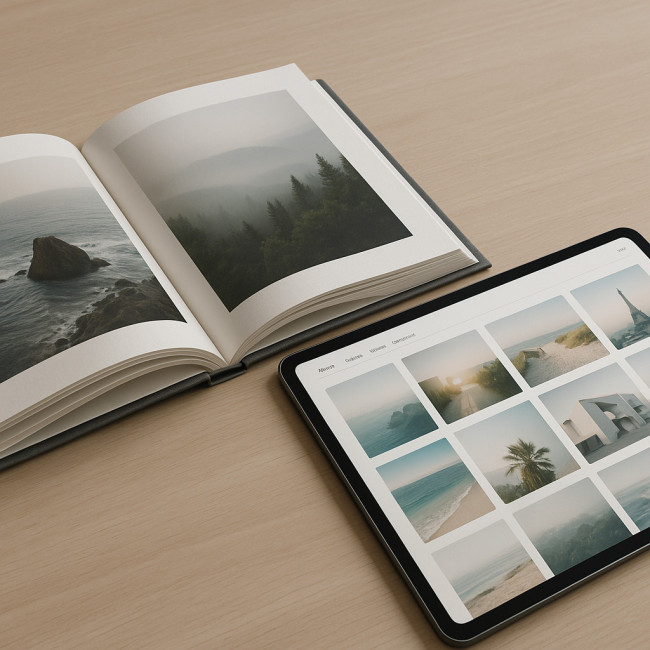 Book papier ouvert à côté d'une tablette montrant une galerie en ligne