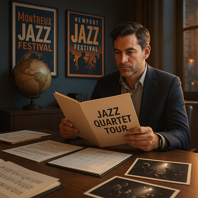 Agent international examinant un dossier de tournée jazz