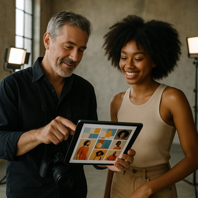 Photographe présentant un moodboard à une mannequin