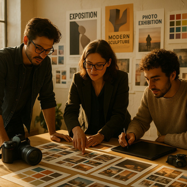 équipe créative préparant un brief photo pour une campagne culturelle