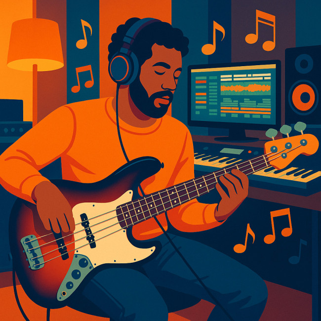 Bassiste jouant un groove funk dans un studio moderne
