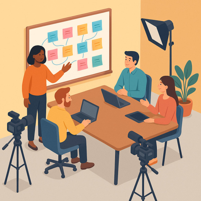 équipe créative échangeant autour des dix questions du brief video