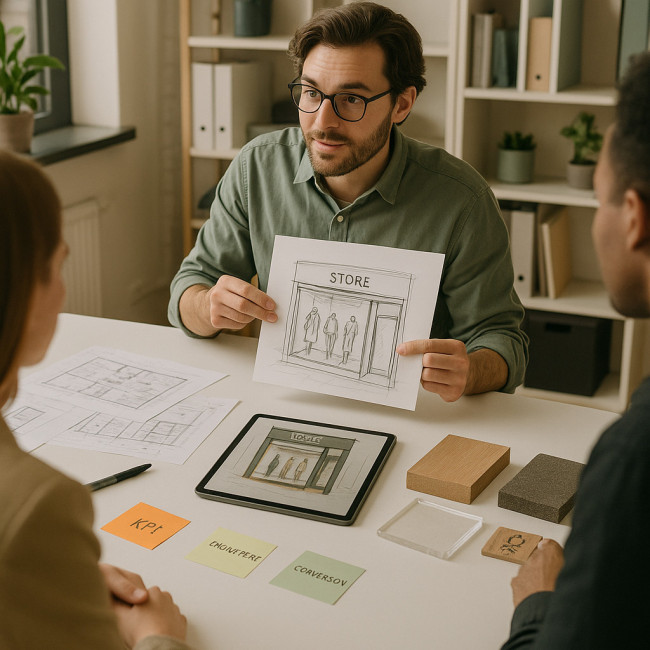 Designer montrant un concept de vitrine retail à son équipe