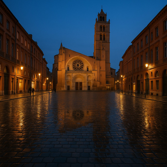 Place Saint-Étienne à l'heure bleue avec briques roses et ciel bleu