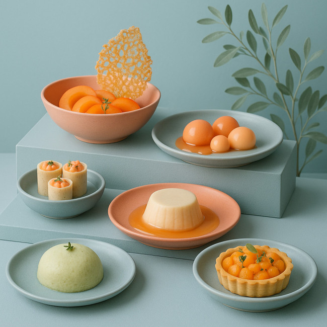 Buffet coloré en trois niveaux illustrant la scénographie culinaire