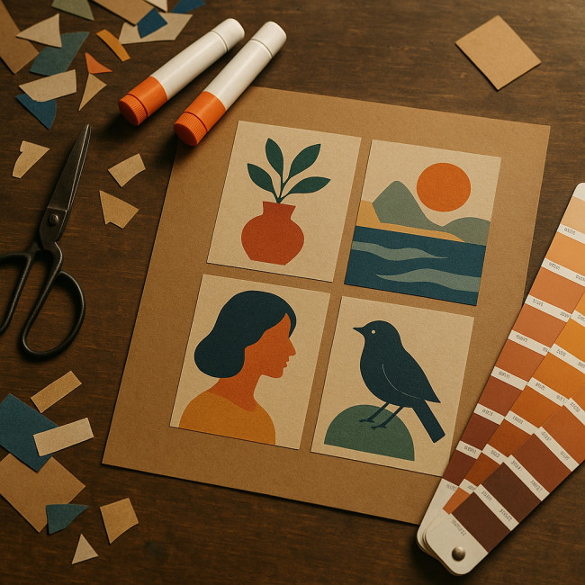 Vue d'ensemble d'un bureau de collagiste organisé par thèmes