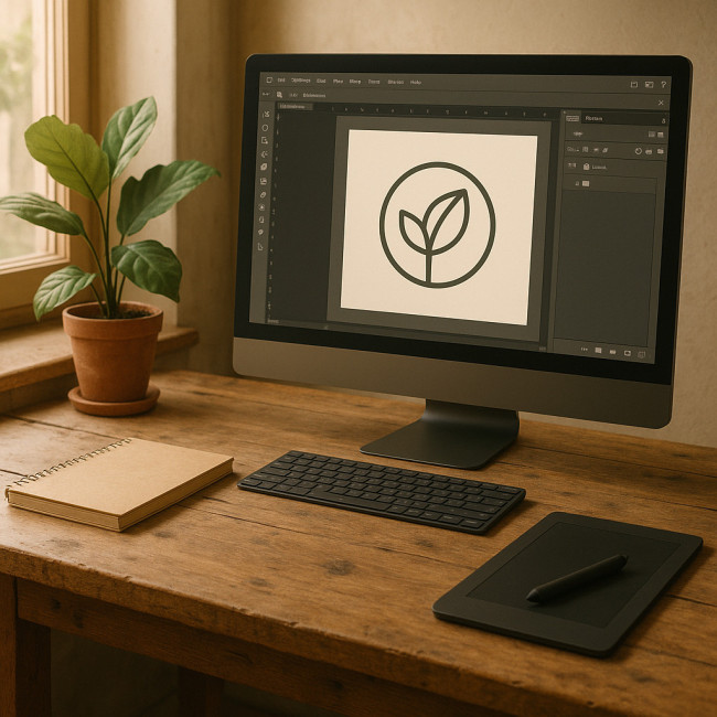 Bureau d'un graphiste éco-responsable affichant un logo SVG