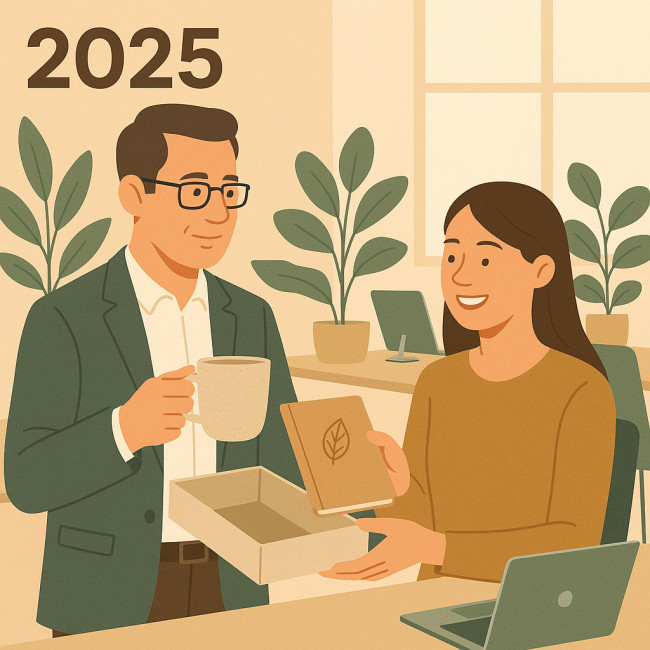 Scène de remise d'un cadeau d'entreprise artisanal et durable en 2025