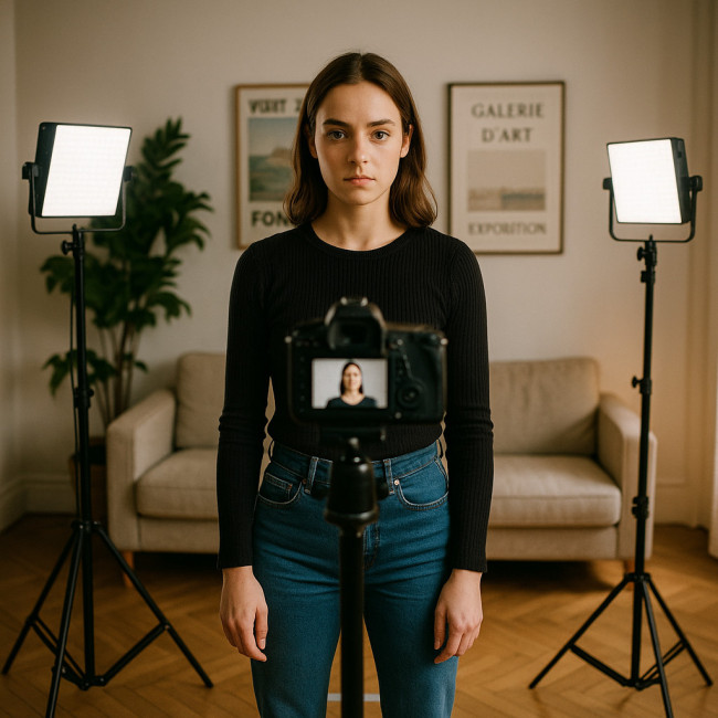 mise en place caméra et éclairage pour self tape dans un salon parisien