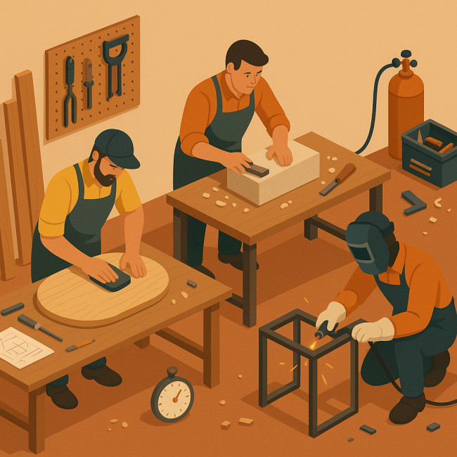 Illustration d'un atelier combinant travail du bois, de la pierre et du métal