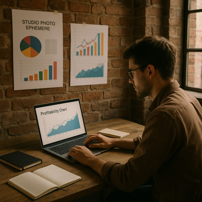 Entrepreneur calculant la rentabilité d'un studio photo
