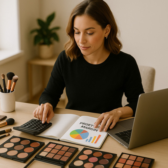 Maquilleuse freelance calculant sa marge avec ses produits et son ordinateur