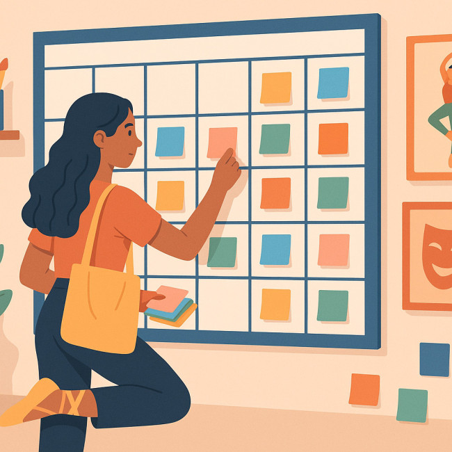 Étudiante en arts vivants devant un calendrier mural rempli de post-it colorés