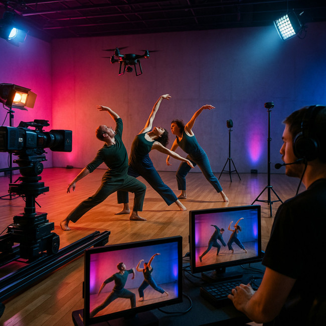 Tournage d'une vidéo de danse contemporaine avec caméras et drone en 2025