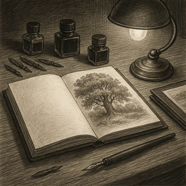 Carnet de croquis et matériel d'encre disposés sur un bureau
