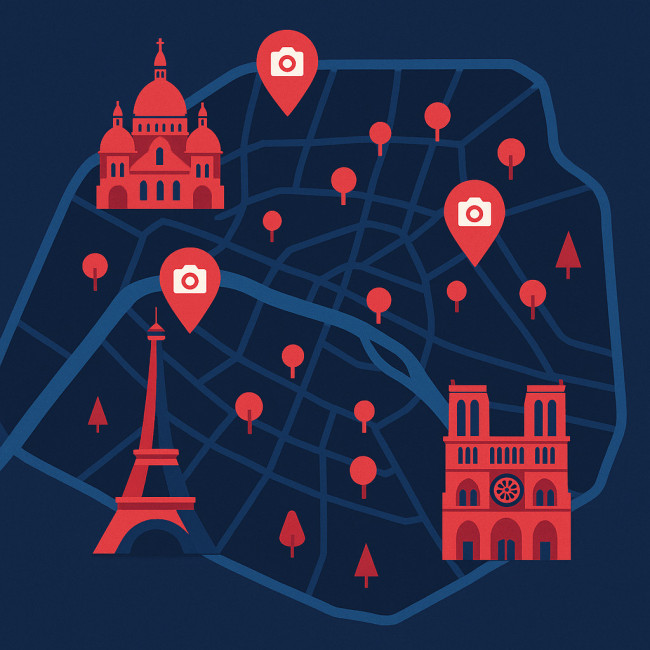 Carte stylisée de Paris avec repères de géotagging