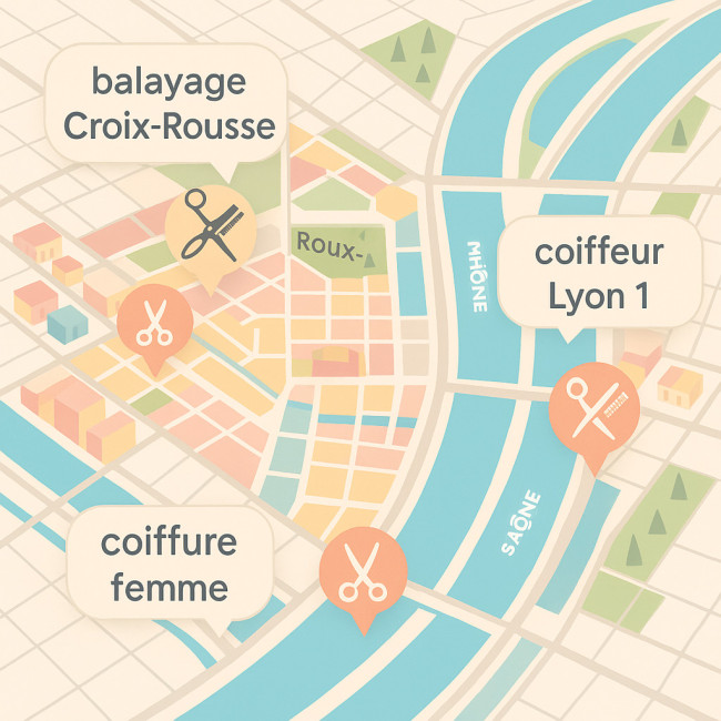 carte de Lyon avec emplacements de salons de coiffure