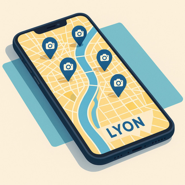 Carte stylisée de Lyon sur smartphone avec repères pour studios photo