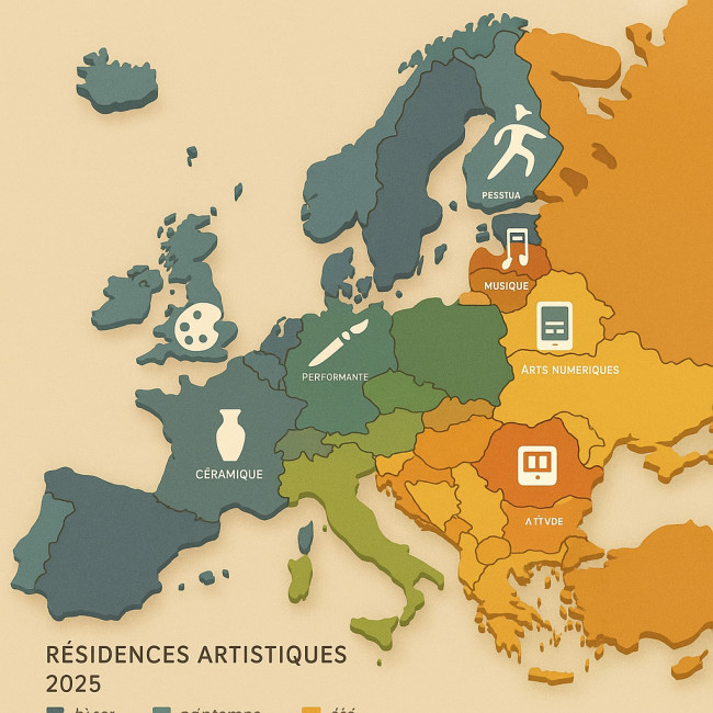 carte stylisée des résidences artistiques 2025 en Europe