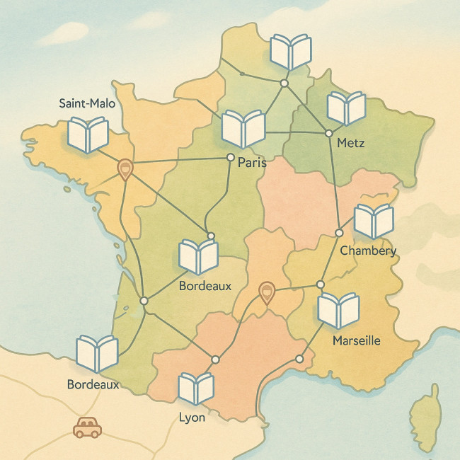 carte stylisée des salons du livre 2025 en France