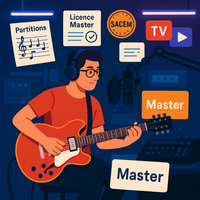 guitariste en studio avec documents juridiques autour