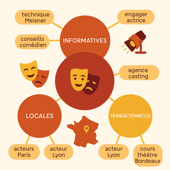 infographie illustrant les catégories de requêtes SEO théâtre