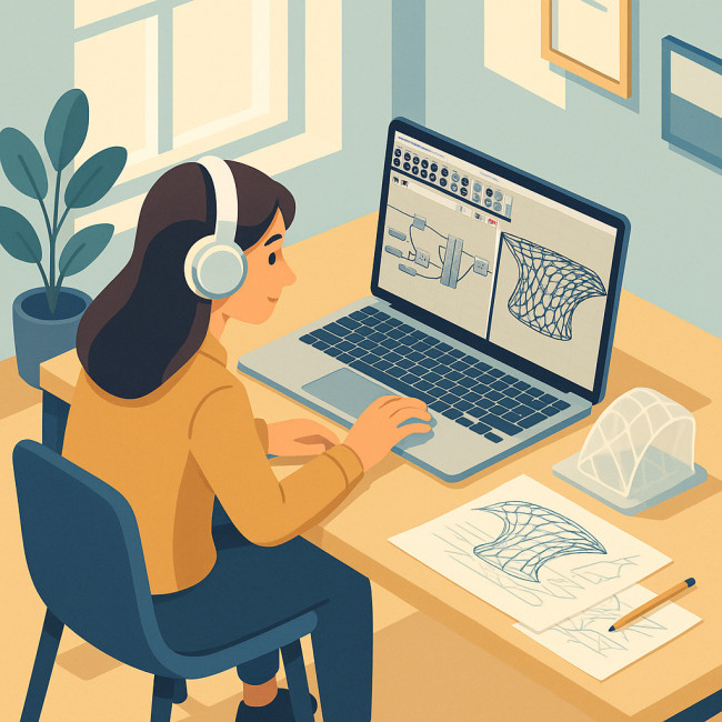 Architecte écoutant un podcast et modélisant une verrière paramétrique