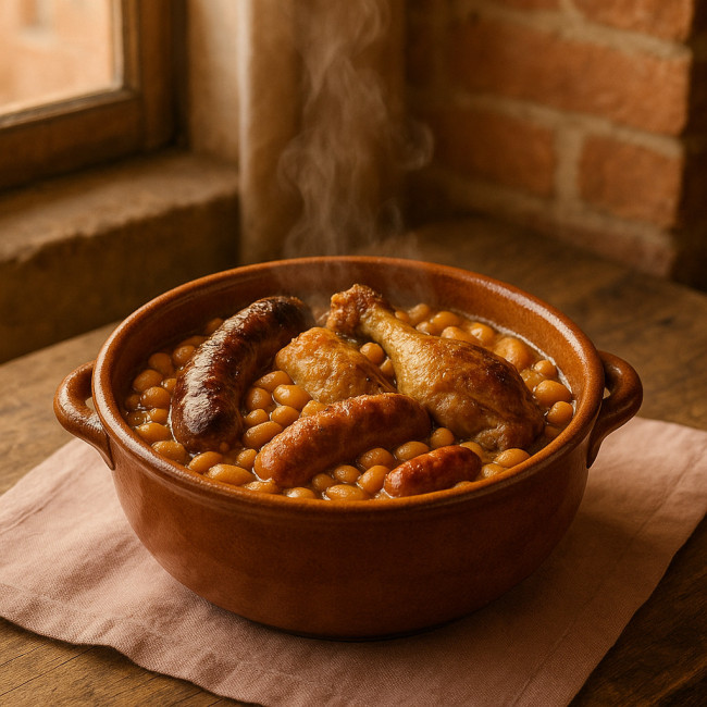 Cassoulet toulousain fumant photographié de façon gastronomique