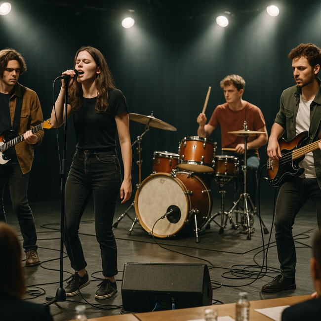 groupe de musiciens auditionnant devant un jury