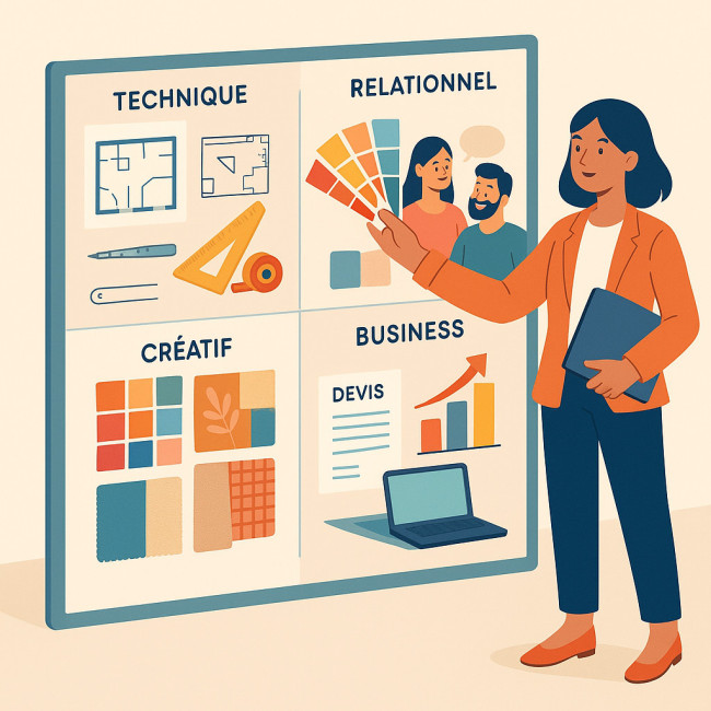 Illustration des quatre piliers de compétences d'un décorateur d'intérieur