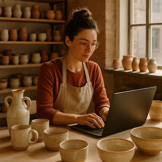 céramiste préparant ses emails marketing dans son atelier, pièces en céramique autour