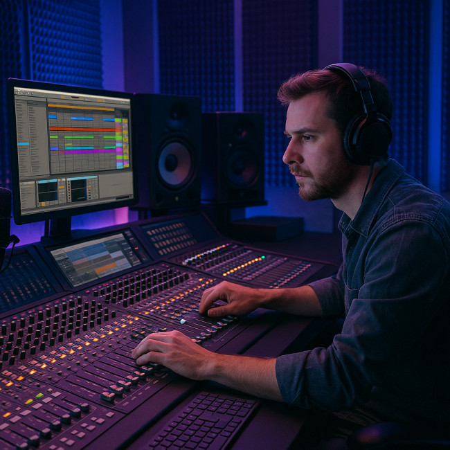 Ingénieur du son réglant une console dans un studio moderne
