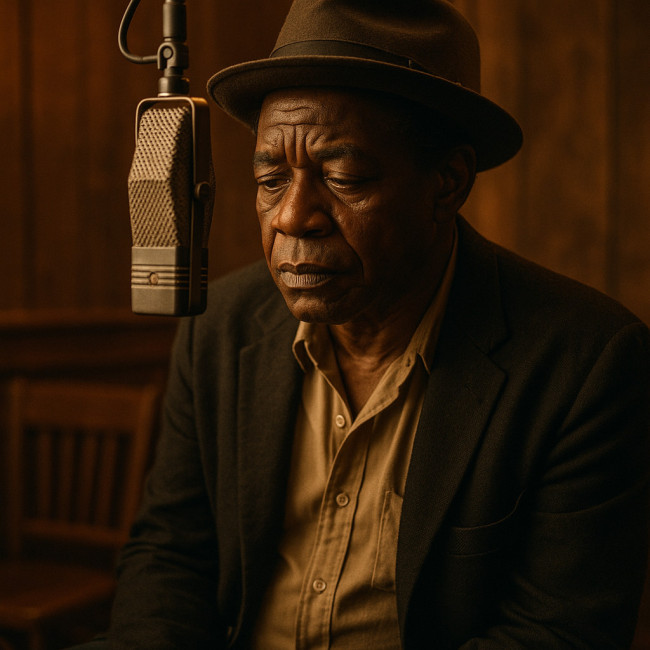 Chanteur de blues avec un micro ruban dans un studio vintage