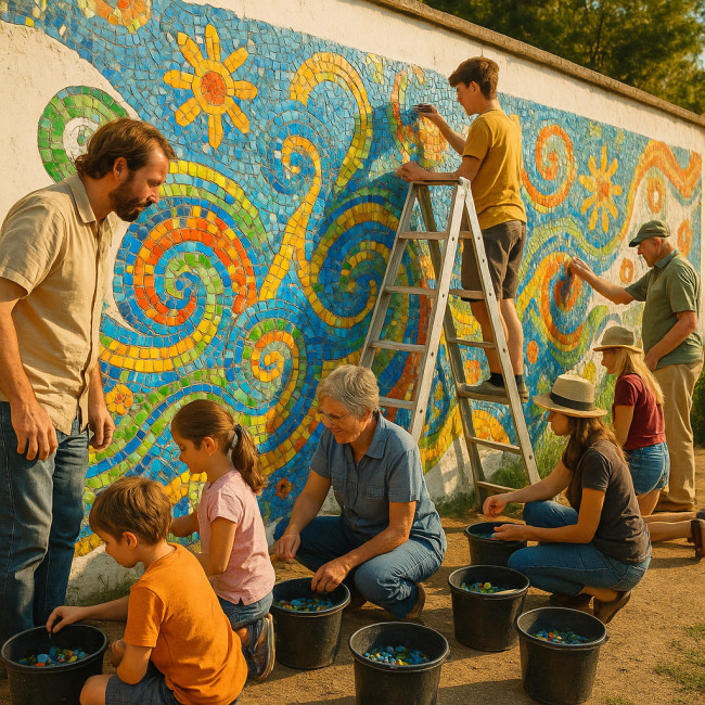 habitants posant des tesselles colorées sur une fresque mosaïque collective