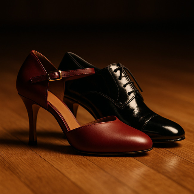 Chaussures de tango noir verni et rouge bordeaux sur parquet