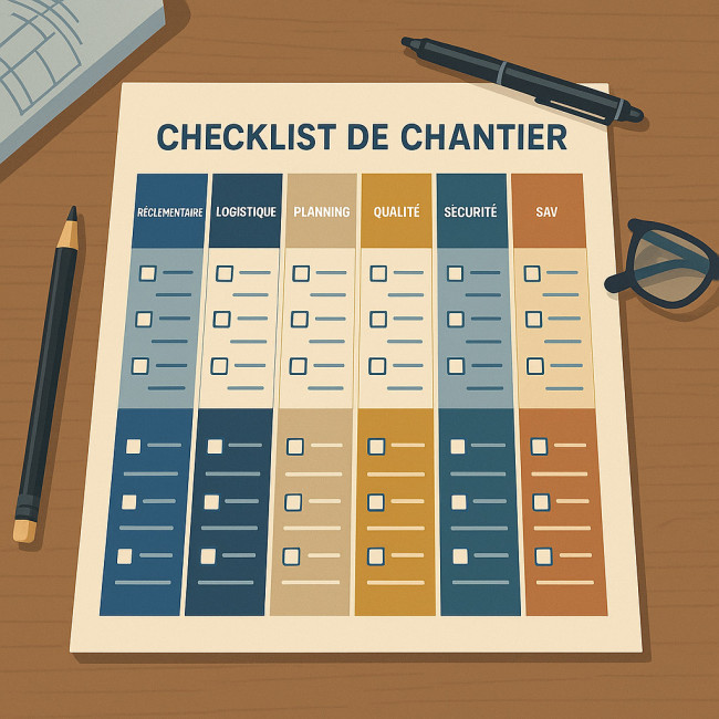 Infographie des sept volets d'une checklist chantier