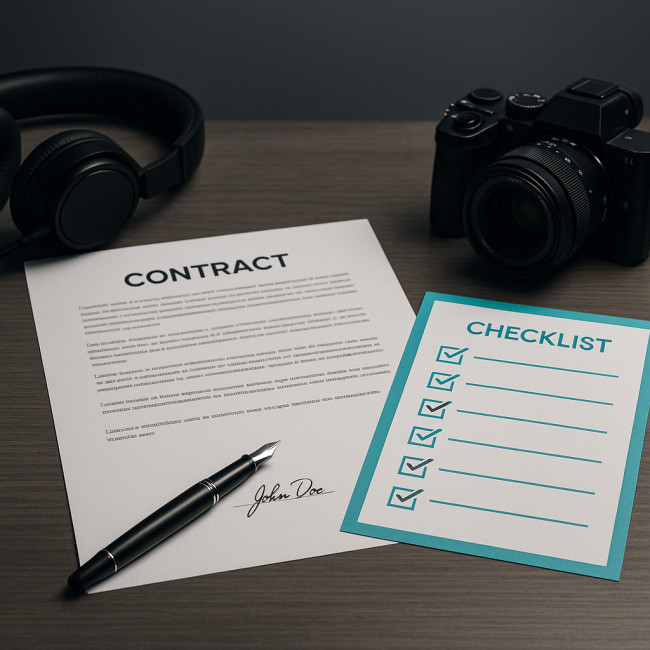 Photo stylisée d'un contrat vidéo avec checklist
