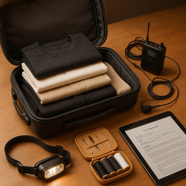 Valise cabine d'artiste de théâtre méticuleusement organisée