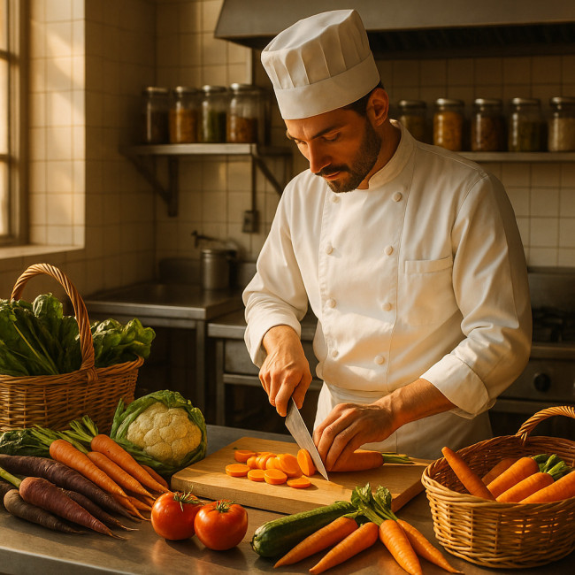 Chef cuisinier durable préparant des produits locaux