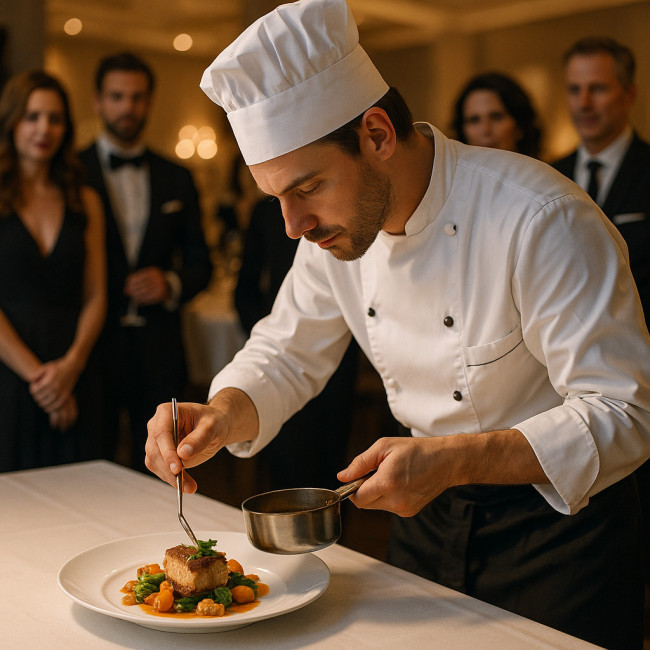 chef cuisinier freelance dressant un plat créatif