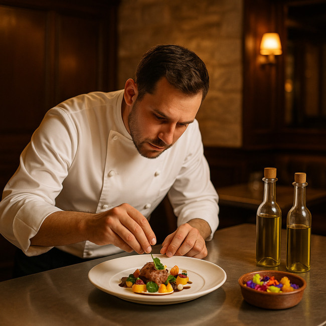 Chef dijonnais dressant un plat gastronomique