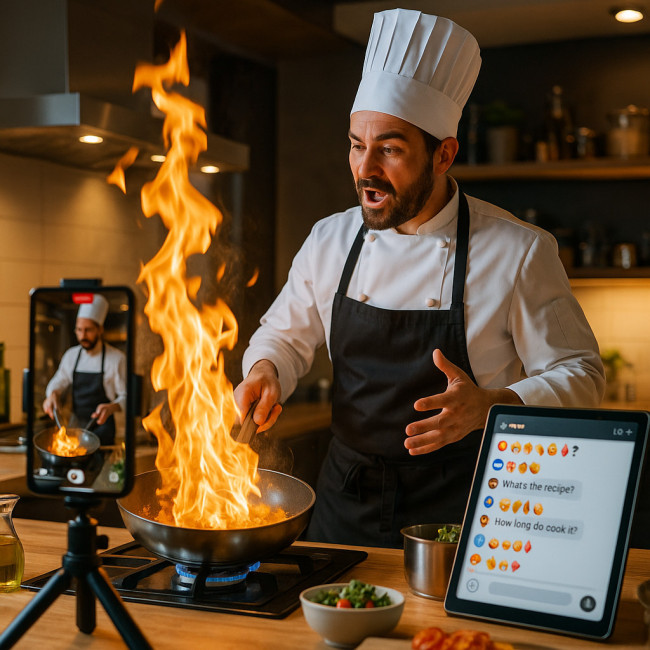 Chef qui anime un live culinaire immersif depuis sa cuisine