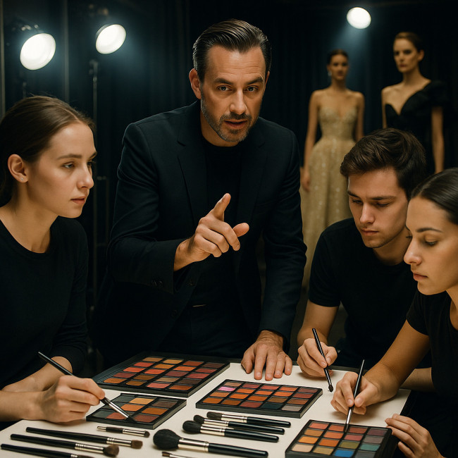 Chef maquilleur coordonnant son équipe en studio haute couture