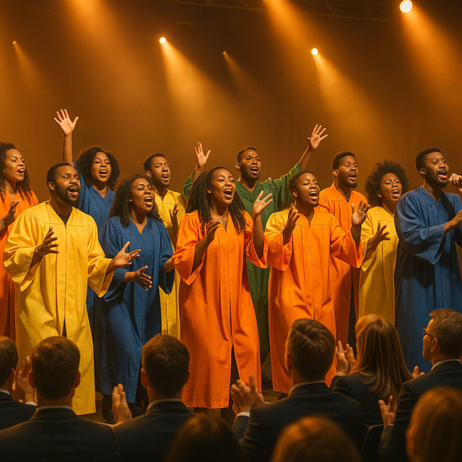Chœur gospel interprétant un titre devant un public corporate