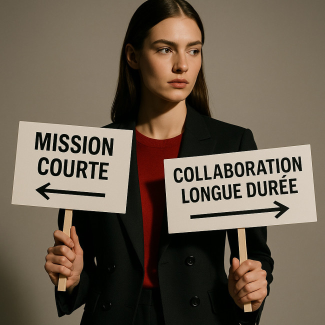 mannequin hésitant entre mission courte et job long terme