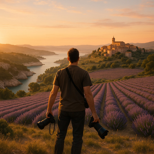 Photographe comparant grand-angle et télé dans un paysage provençal