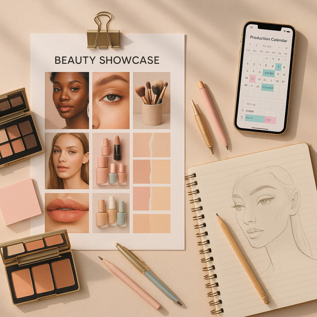 Vue à plat d'un bureau avec moodboard et maquillage