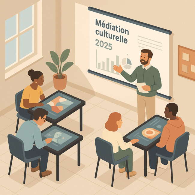 Salle de cours de médiation culturelle moderne avec étudiants et œuvres numériques