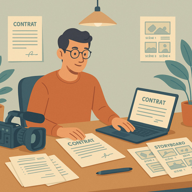 Illustration d'un vidéaste freelance examinant un contrat et ses clauses essentielles