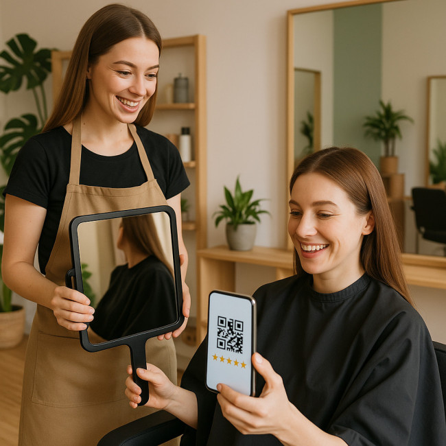 Cliente qui laisse un avis 5 étoiles sur son smartphone dans un salon de coiffure moderne